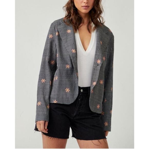 Free People Floral Cali Printed Blazer Black Coffee Combo M - Picture 1 of 11